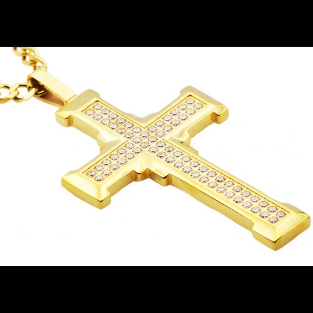 Stainless Steel Gold Plated Iced Out Cross Pendant